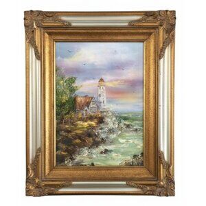 Vtg 25x21 MCM Original Oil Painting Coastal Lighthouse Jay Bird In Ornate Frame